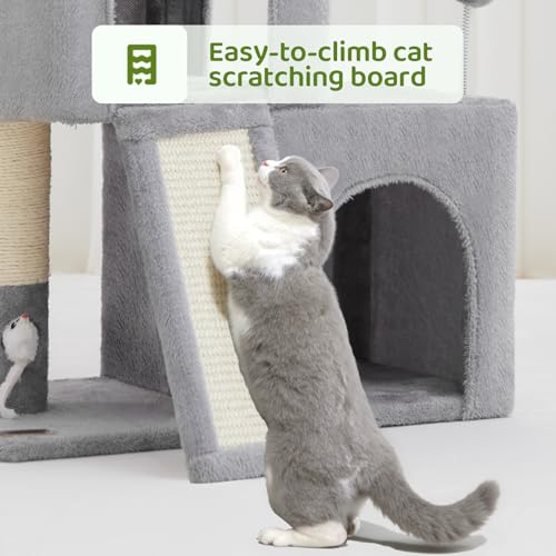 24inch Tall Cat Tree with 2 Cat Condo and Mouse Toy Cozy Small Cat Tower with Scratching Post and Board for Kitties and Small Cats.（Light Grey） (22*13*28)