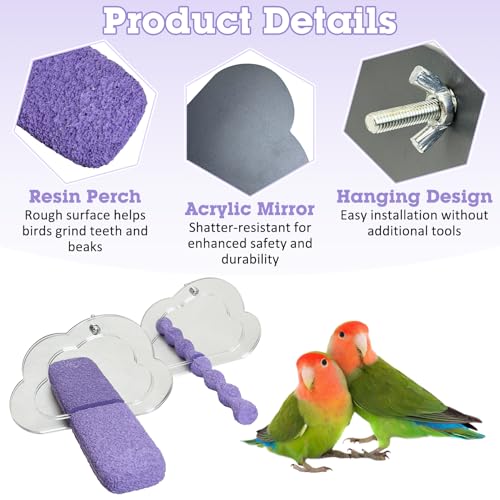 2 PCS Bird Mirror with Perch Resin Parakeet Perches Hanging Parrot Toys Interactive Bird Cage Accessories for Cockatiel Conure Lovebird Finch