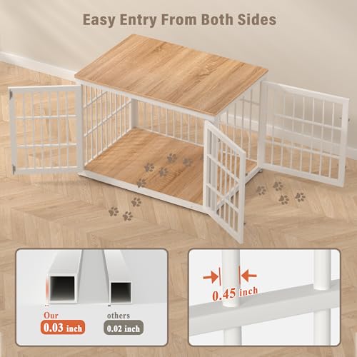 42" Heavy Duty Dog Crate Furniture for Large and Medium Dogs (White + Natural / 42.1"L x 29.9"W x 30.4"H)