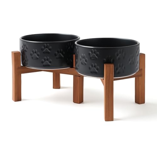 Ceramic Elevated Dog Bowl Set with Acacia Wood Stand for Food and Water for Small Medium Sized Dogs (28.74 Oz / Black with Dog Paw Pattern)