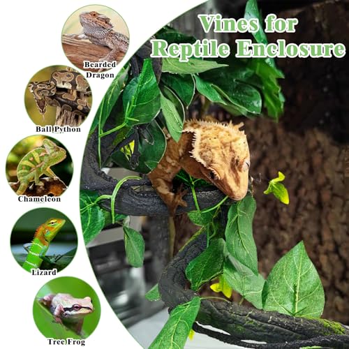 Medium Reptile Vines Thick Terrarium Plants 70 Inches Long Flexible Climbing Branch with Leaves Snake Tank Accessories Greenery Habitat Decor for Bearded Dragon Chameleon Gecko Lizard (Black Reptile Vines (Lengh:70" Dia: 1.2 In))