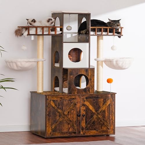 Cat Tree with Litter Box Enclosure for Indoor Big Cat HCT110SR (Rustic Brown / 60 inch)