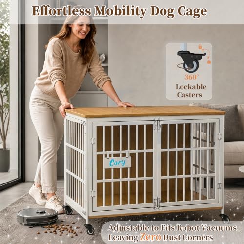 42 in Heavy Duty Dog Crate Furniture on Lockable Wheels (White & Beech / 42.1"L x 29.3"W x 31.2"H)