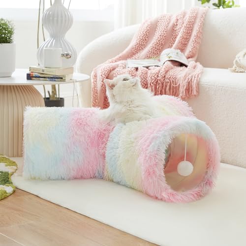 Plush Pet Cat Tunnel Tube Cat Toys 3 Way Collapsible (Plush Rainbow / Small)