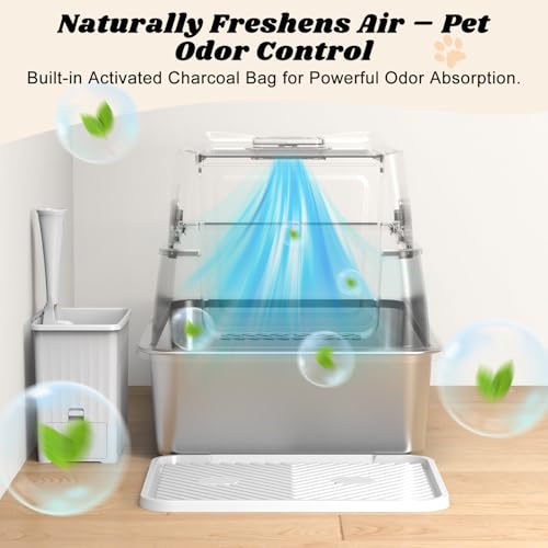 Enclosed Stainless Steel Cat Litter Box with Lid High Sided (Transparent Grey / X-Large)
