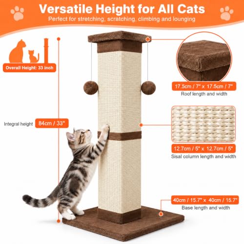 Cat Scratching Post 33 Inch Nature Sisal Cat Scratch Post for Indoor Cats (Brown)