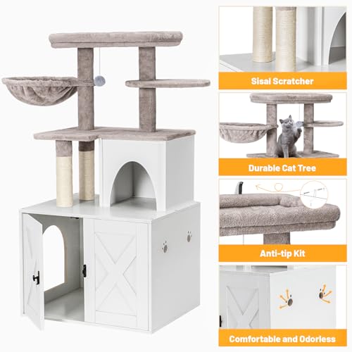 Cat Litter Box Enclosure with Cat Tree Tower and Condo (White)