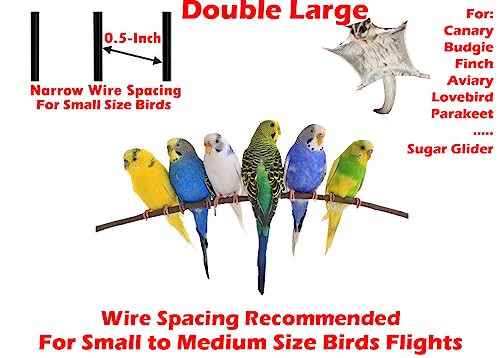 54" Large Double Breeding Flight Bird Wrought Iron Double Parrot Bird Cage Slide Out Center Divider Side Nesting Doors Cockatiel Conure Removalbe Rolling Stand (Black Vein / 51.0"L x 17.0"W x 54.0"H)