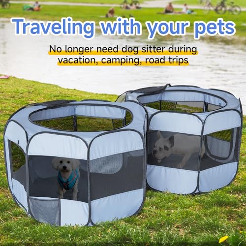 2-in-1 Pop Up Dog Playpen Cat Pet Puppy Playpen, Non-Detachable (Gray / L, 83.5"L x 41.5"W x 32.3"H)