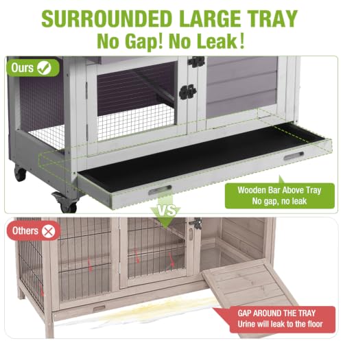2 Story Rabbit Hutch on Wheels Indoor Outdoor Bunny Cage with Run (Gray-Small)