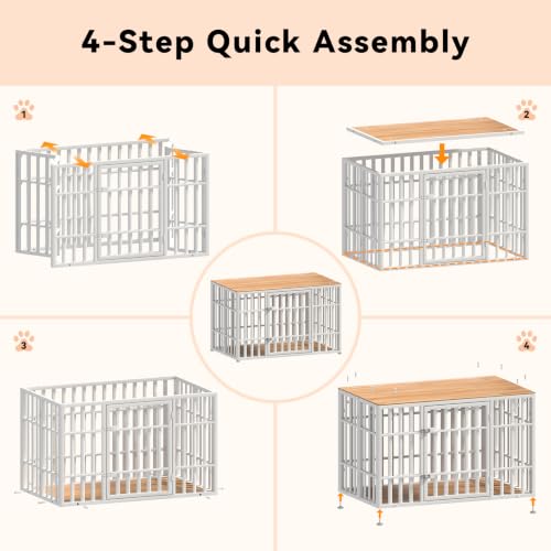 46 Inch Heavy Duty Dog Crate Furniture for Large Dogs (45.8"L x 27.5"W x 28.7"H / White+Wood)