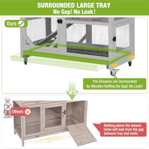 Rabbit Hutch Indoor Rabbit Cage with Wheels Outdoor Bunny House 2 Story Guinea Pig Cage with Leakproof Tarp Roof (Grey)