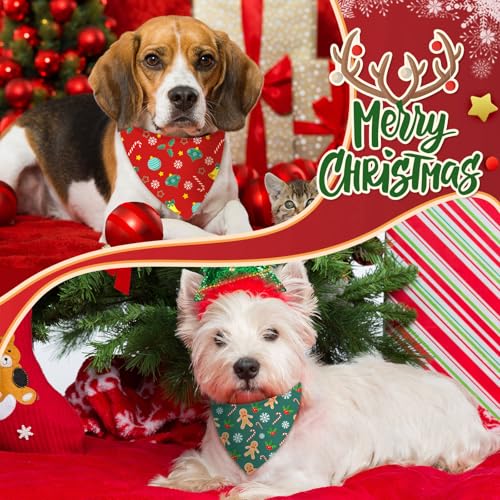100 Pcs Christmas Dog Bandanas Bulk Red Green Santa Snowflake Pattern (25.6 x 17.7 x 17.7 Inch / Christmas)