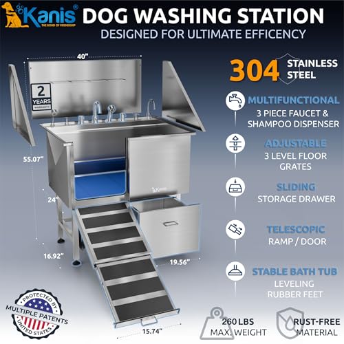 Professional Dog Washing Station 304 Stainless Steel Pet Wash Sink (Silver, Left Ramp, 1 Drawer / 40 Inches)