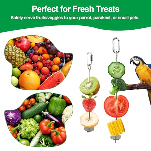 3 Pcs Bird Cage Food Holder Stainless Steel Parrot Fruit & Vegetable Skewer Hanging Foraging Toy for Parakeets (3 Pcs)
