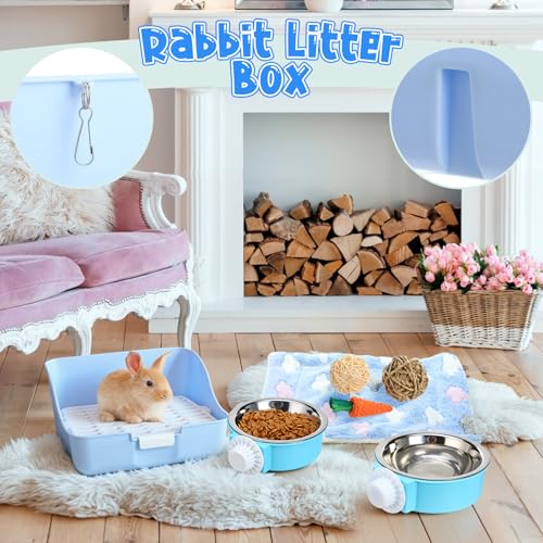 15 Pcs Rabbit Starter Kit Small Rabbit Litter Box Girls Gift Animal Grooming Kit Bunny Toys Bowl Blankets with Cleaning Set for Guinea Pig Accessories (Candy Blue)