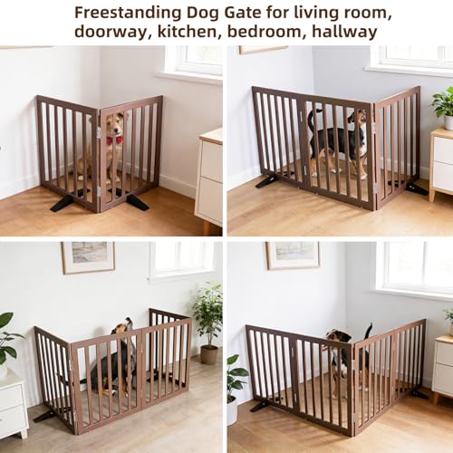 Freestanding Indoor Dog Gate for House Foldable Wood Puppy Gate for Doorways Pet Gate for Stairs Extra Wide Pet Fence (Brown / 【2 Panels】40''w x 32''h)