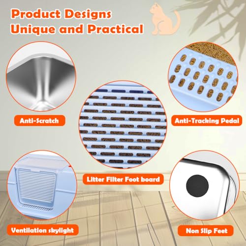 Stainless Steel Litter Box with Lid (Blue(With Mat&Step))