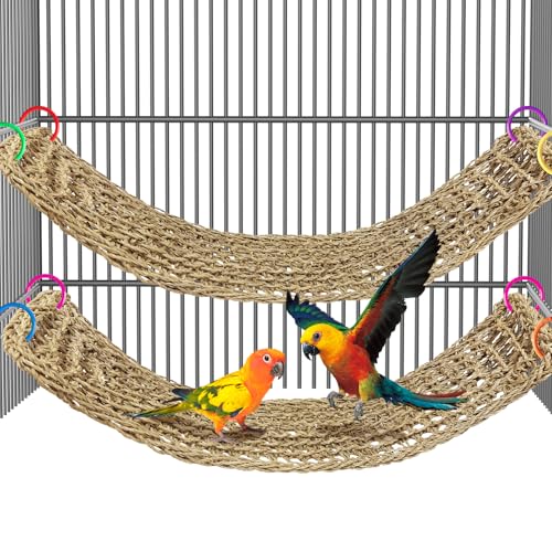 2Pcs 29.5 x 7 inches Large Bird Seagrass Mat Grass Woven Net Parrot Hammock Mat Parakeet Climbing Rope Ladder with Hooks Bird Cage Accessories for Conure Cockatiel Budgie Macaw Bearded Dragon (2PCS)