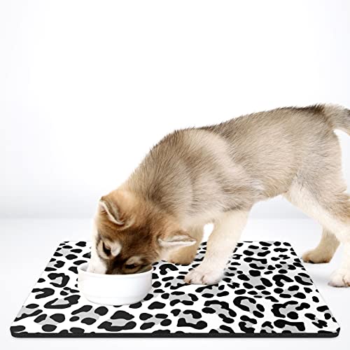 Dog Food Mat 16" x 24" Leopard Absorbent Dog Cat Bowl Mat for Food and Water (White Leopard / 16"L x 24"W)
