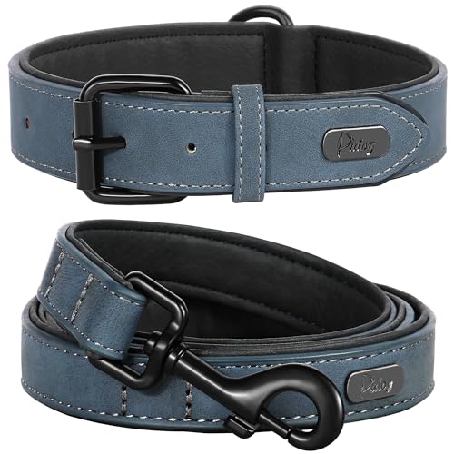 PU Leather Dog Collar and Leash Set (M: Neck 11-15", Width ¾" / Blue Set)