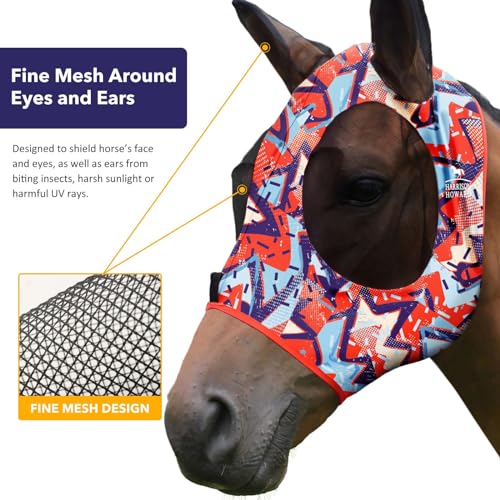 Super Comfort Stretchy Fly Mask Large Eye Space with UV Protection Soft on Skin with Breathability Orange Geo Print S (S / Orange Geo Print)