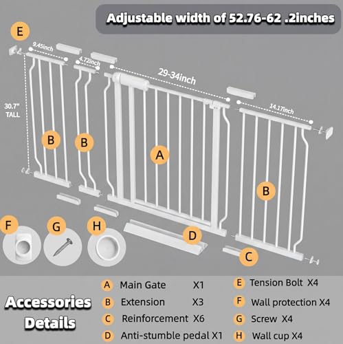 52.76 62.2 Inch Extra Wide Baby Gate Pressure Mounted for Doorways (White / 52.76"-62.2")
