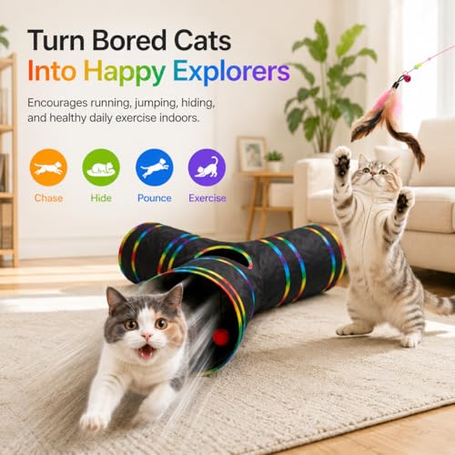 Cat Tunnels Tube Toy with Plush Ball & Cat Wand Feather Toys (1 Pack - 3-Way Tunnel / Black)