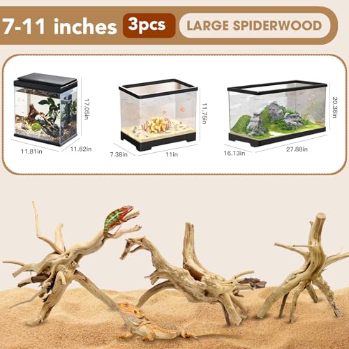Natural Large Spiderwood Driftwood for Aquarium Decor Rptile Fish Tank Decoration Assort Branch 7 (Spiderwood 7 to 11 Inch (Pack of 3))