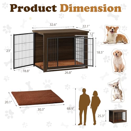 Wooden Dog Crate Furniture with Thick Cushion (M(23.6" x 22.1" x 25.3") / Brown)