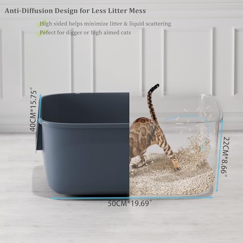 Large Cat Litter Box High Sided Entry Cat Litter Pan 50 x 40 x 22 CM (Grey)