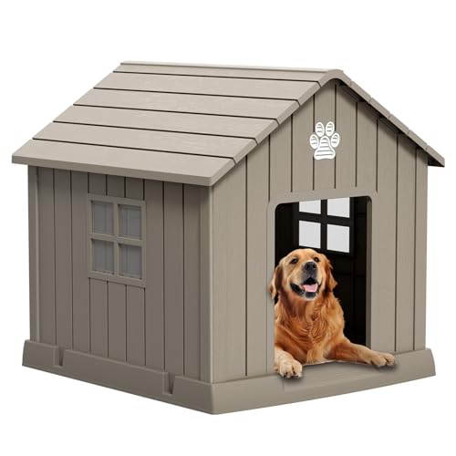 Dog House Indoor Outdoor for Small to Large Sized Dogs 38'' Resin Outdoor Dog House with Ventilation Waterproof Puppy Shelter with Elevated Floor (Grey / 37.8'' * 40.87'' * 38.82'')