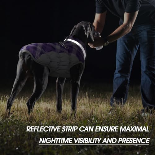 Dog Cold Weather Coats Reflective Dog Warm Jacket with Harness (Purple Plaid / XXL(chest:35in))