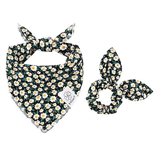 Dog Bandanas & Matching Scrunchie Set Girl Dog Scarf Bibs with Bow Scrunchie for Medium Large Dogs Pet Owner Gifts Flower Black (02-floral black / Large-set of 1)