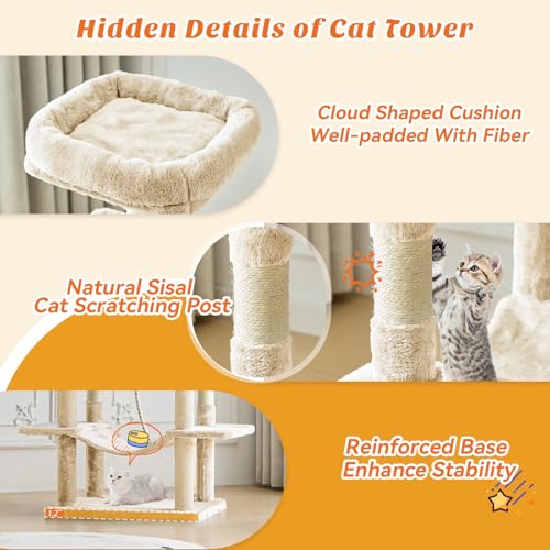 Large 66 Inch Cat Tree Tower with Sisal Scratching Post (Beige / 66 Inches)