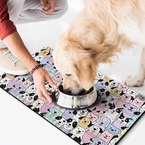 Pet Feeding Mat for Floors Waterproof Dog Mat for Food and Water Absorbent Quick Dry Non Slip mat for Cat Bowls (30"L x 17"W / ColorfulDog)