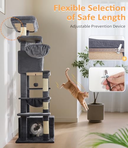 68" Multi Level Large Cat Tree Tower for Indoor Cats (Grey)