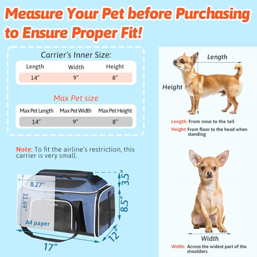 Top Expandable Small Pet Carrier 17"x12"x8.5" Airline Approved (17.0"L x 12.0"W x 8.5"H / Blue)