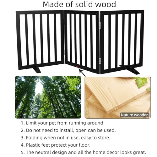Freestanding Indoor Dog Gate for House Foldable Wood Puppy Gate for Doorways Pet Gate for Stairs Extra Wide Pet Fence (Black / 【3 Panels】60''w x 24''h)