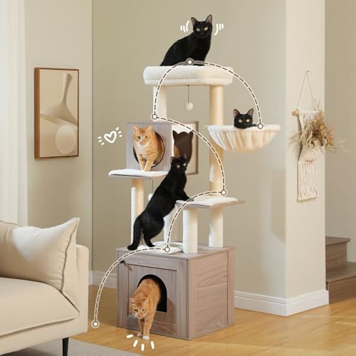 57.5" Cat Tree with Litter Box Enclosure (Grey / XL(18.9"L x 18.9"W x 57.5"H))