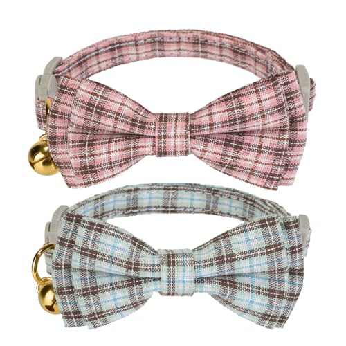 2 Pack Soft Cotton Cat Collars with Bowtie and Bell Breakaway Plaid Cat Kitten Collar (S:Neck 7.0" - 11.0" / Plaid - Pink+Jade Green)