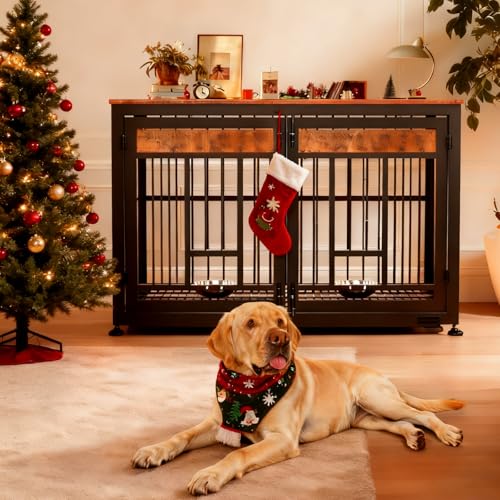 XL Dog Crate Furniture (Rustic Brown & Black / Extra Large Size: 48 x 30.3 x 33 inch)