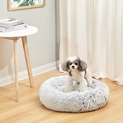 Calming Fluffy Donut Dog Bed for Small Dogs (23.0"L x 23.0"W x 7.0"Th / Light Grey)
