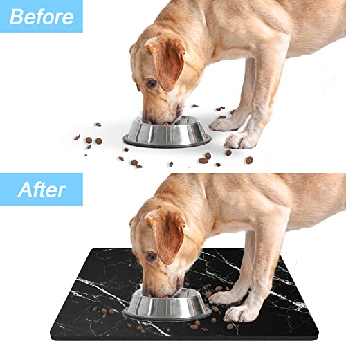 Dog Food Mat 16" x 24" Marble Absorbent Dog Cat Bowl Mat for Food and Water (Black Marble / 16"L x 24"W)