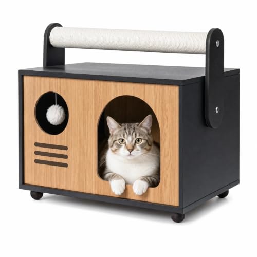 Wooden Cat House with Top Scratching Post for Indoor Cats