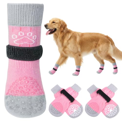 Anti Slip Dog Socks to Prevent Licking Paws for Hardwood Floors (Pearl Paw-Pink / Large (4 Count))