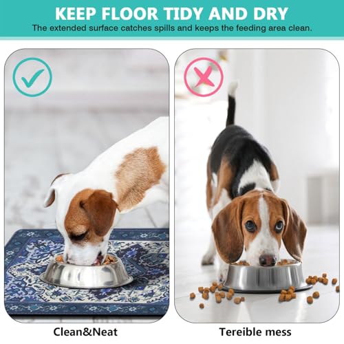 Pet Feeding Mat for Floors Waterproof Dog Mat for Food and Water Absorbent Quick Dry Non Slip mat for Cat Bowls (24"L x 16"W / BlueBoho)