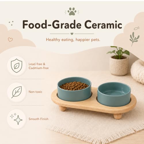 Raised Cat Bowl 5.1” Elevated Ceramic Cat Food and Water Bowl Set (Dark Green)