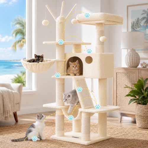 Cat Tree Tower with Padded Platform Bed (53 Inch / Beige)
