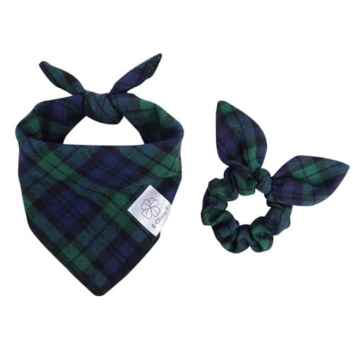 Christmas Blue Green Plaid Dog Bandanas Matching Scrunchie Small (03-plaid green / Small-set of 1)